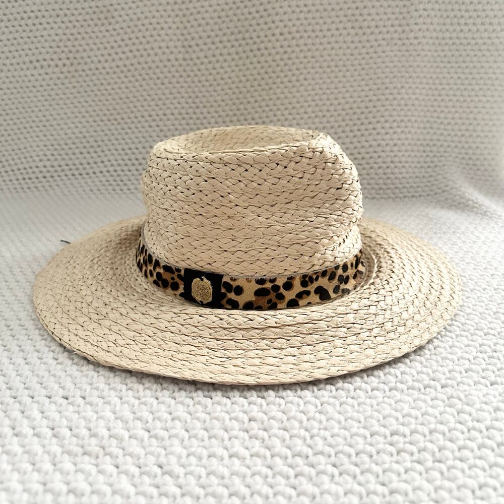 Vince Camuto Beige Straw Leopard Pony Hair Band Summer Hat Floppy Panama OS - Picture 2 of 10